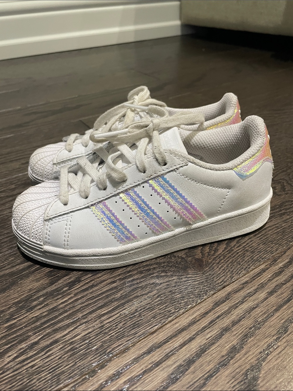 Adidas White Kids Sneakers with Iridescent pink/ purple Pastel Stripes